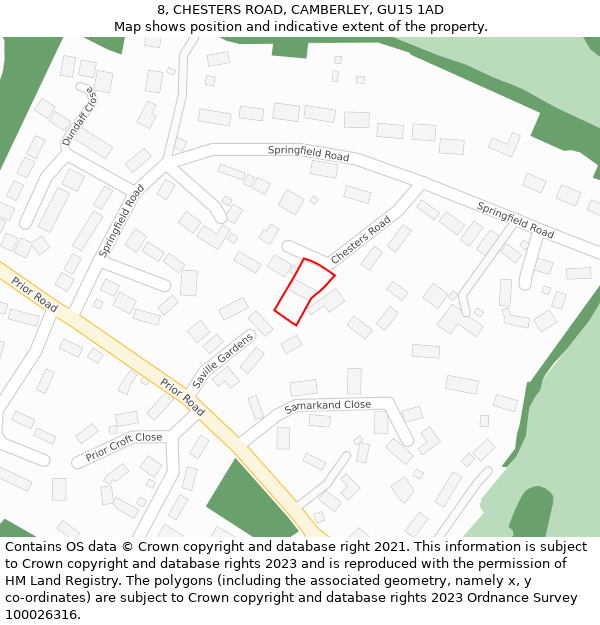 8, CHESTERS ROAD, CAMBERLEY, GU15 1AD: Location map and indicative extent of plot