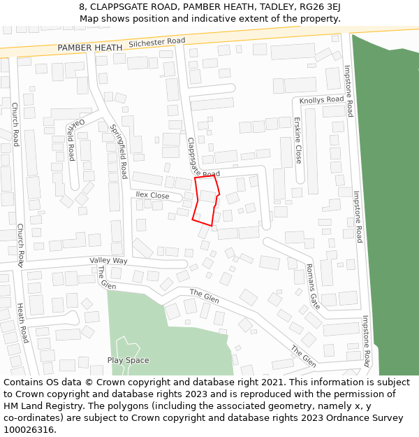 8, CLAPPSGATE ROAD, PAMBER HEATH, TADLEY, RG26 3EJ: Location map and indicative extent of plot