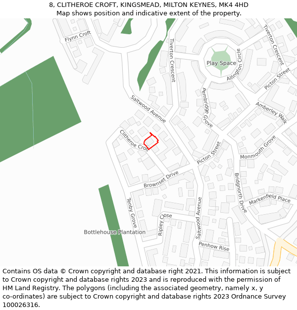 8, CLITHEROE CROFT, KINGSMEAD, MILTON KEYNES, MK4 4HD: Location map and indicative extent of plot