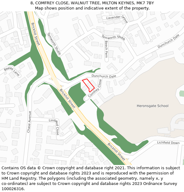 8, COMFREY CLOSE, WALNUT TREE, MILTON KEYNES, MK7 7BY: Location map and indicative extent of plot