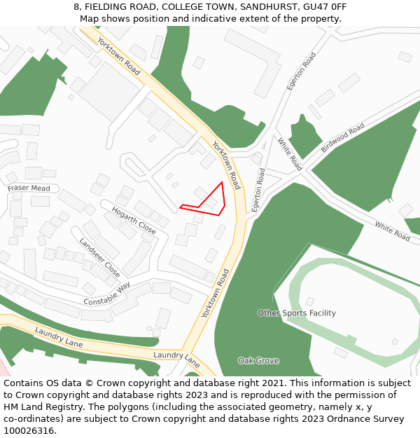 8, FIELDING ROAD, COLLEGE TOWN, SANDHURST, GU47 0FF: Location map and indicative extent of plot