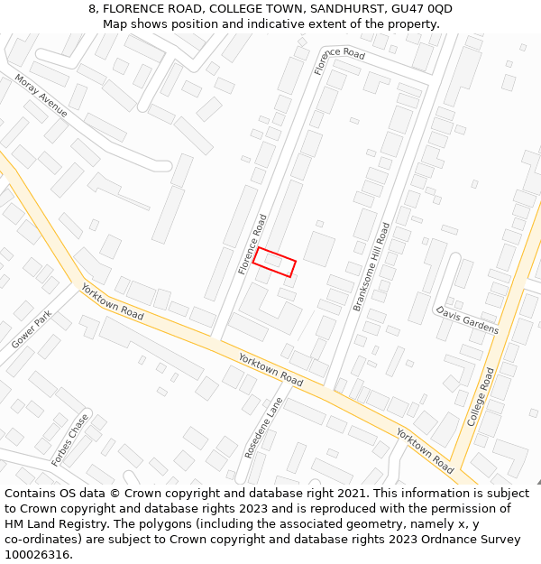 8, FLORENCE ROAD, COLLEGE TOWN, SANDHURST, GU47 0QD: Location map and indicative extent of plot