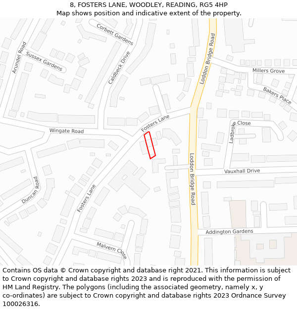 8, FOSTERS LANE, WOODLEY, READING, RG5 4HP: Location map and indicative extent of plot