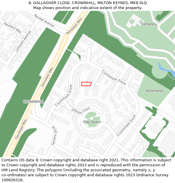 8, GALLAGHER CLOSE, CROWNHILL, MILTON KEYNES, MK8 0LQ: Location map and indicative extent of plot