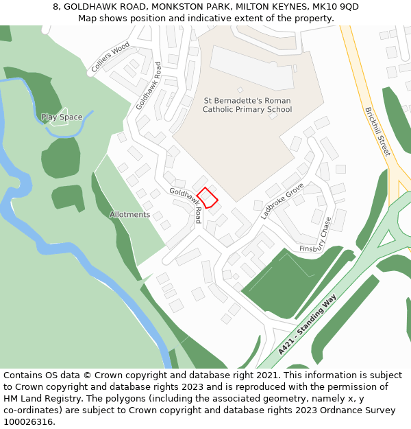 8, GOLDHAWK ROAD, MONKSTON PARK, MILTON KEYNES, MK10 9QD: Location map and indicative extent of plot