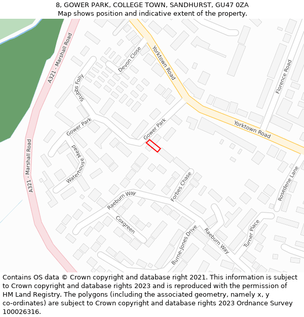 8, GOWER PARK, COLLEGE TOWN, SANDHURST, GU47 0ZA: Location map and indicative extent of plot