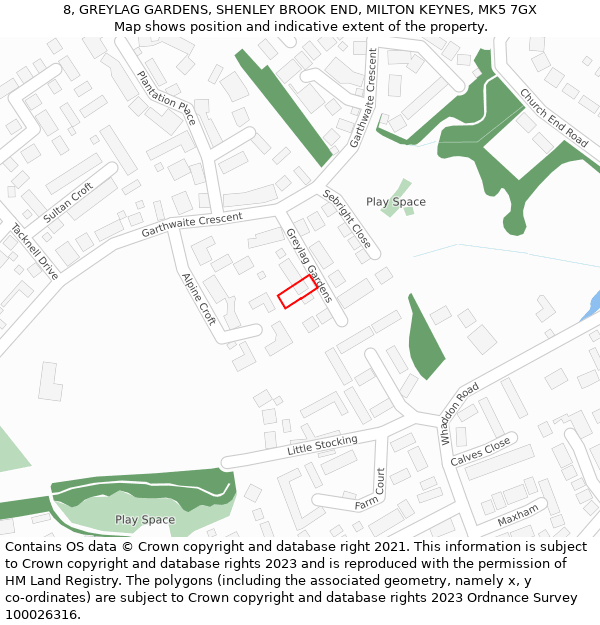 8, GREYLAG GARDENS, SHENLEY BROOK END, MILTON KEYNES, MK5 7GX: Location map and indicative extent of plot