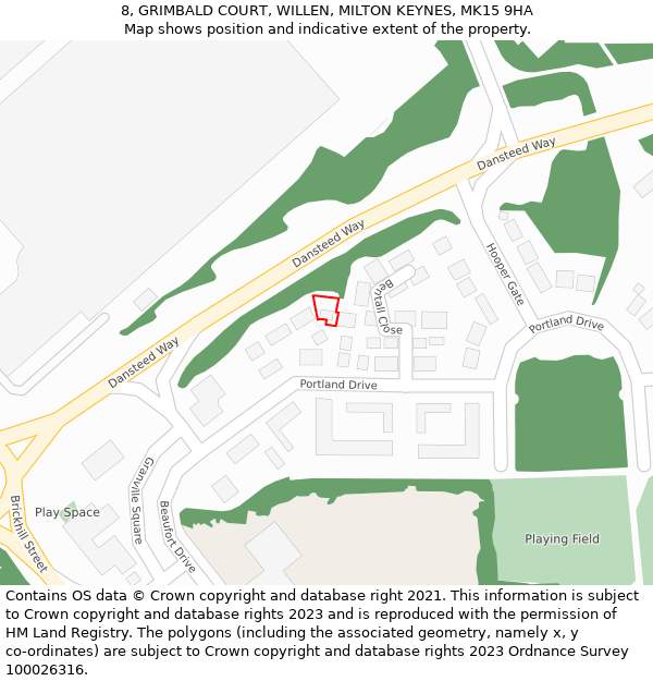 8, GRIMBALD COURT, WILLEN, MILTON KEYNES, MK15 9HA: Location map and indicative extent of plot