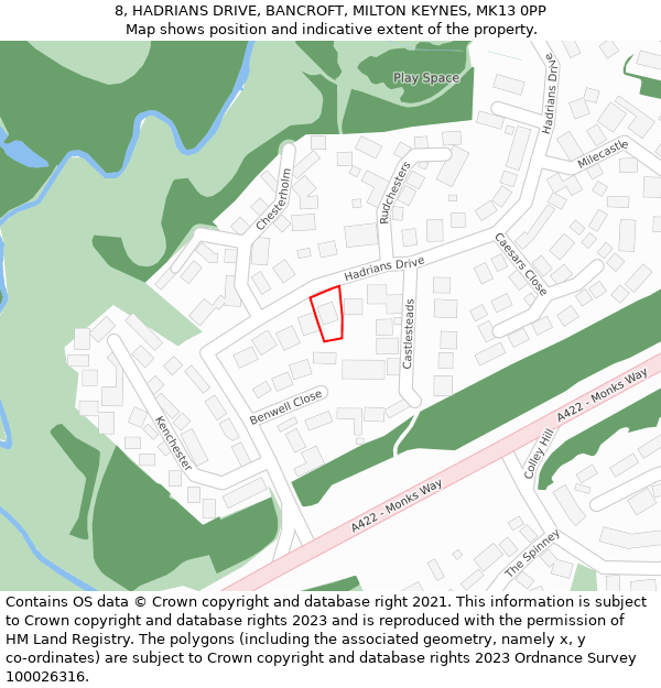 8, HADRIANS DRIVE, BANCROFT, MILTON KEYNES, MK13 0PP: Location map and indicative extent of plot