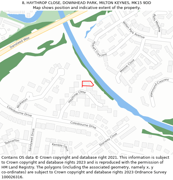 8, HAYTHROP CLOSE, DOWNHEAD PARK, MILTON KEYNES, MK15 9DD: Location map and indicative extent of plot