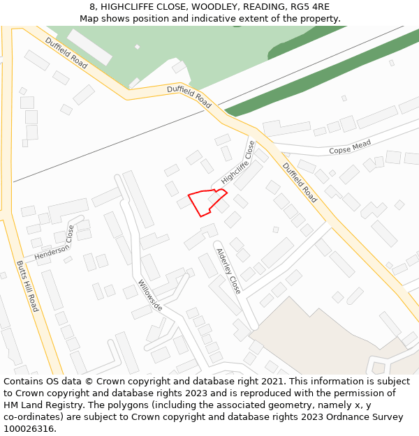 8, HIGHCLIFFE CLOSE, WOODLEY, READING, RG5 4RE: Location map and indicative extent of plot