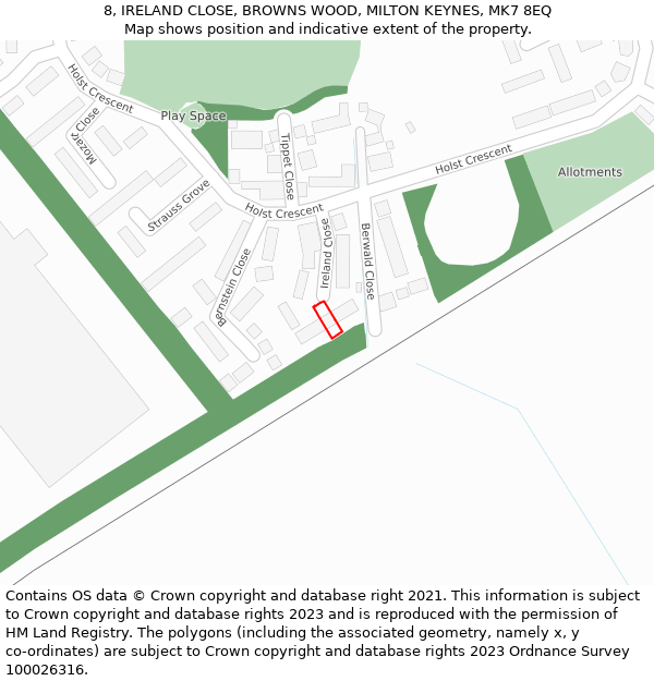 8, IRELAND CLOSE, BROWNS WOOD, MILTON KEYNES, MK7 8EQ: Location map and indicative extent of plot