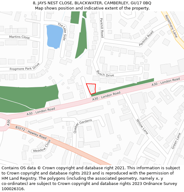 8, JAYS NEST CLOSE, BLACKWATER, CAMBERLEY, GU17 0BQ: Location map and indicative extent of plot