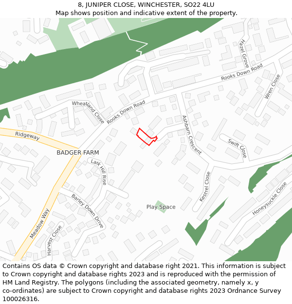 8, JUNIPER CLOSE, WINCHESTER, SO22 4LU: Location map and indicative extent of plot