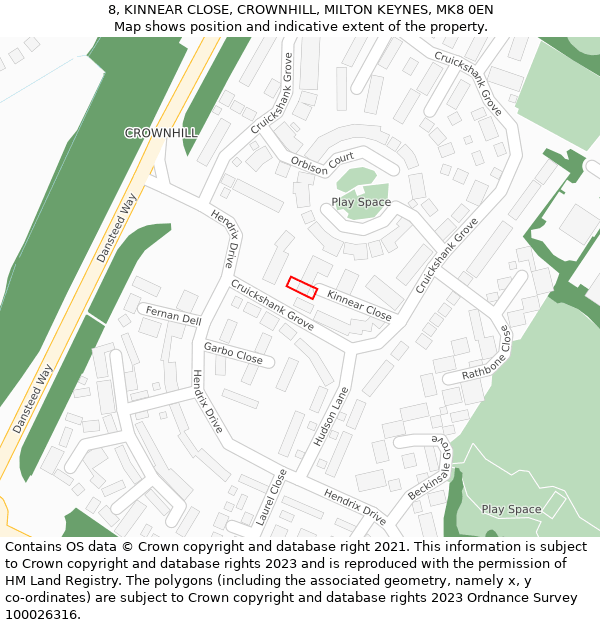 8, KINNEAR CLOSE, CROWNHILL, MILTON KEYNES, MK8 0EN: Location map and indicative extent of plot