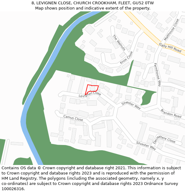 8, LEVIGNEN CLOSE, CHURCH CROOKHAM, FLEET, GU52 0TW: Location map and indicative extent of plot