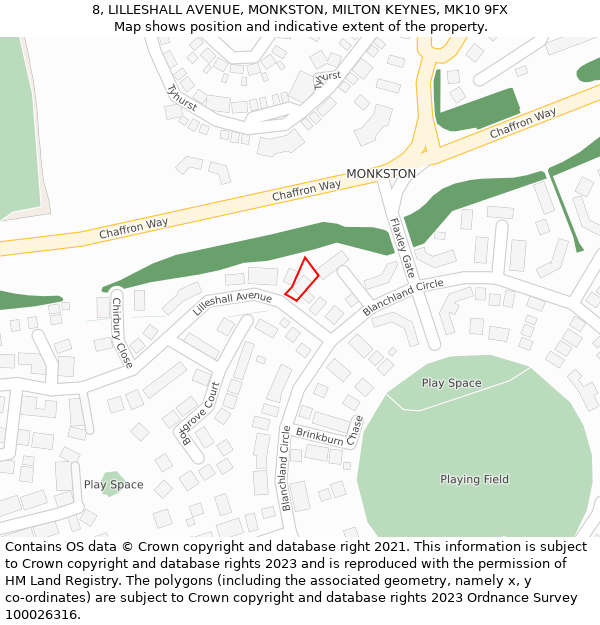 8, LILLESHALL AVENUE, MONKSTON, MILTON KEYNES, MK10 9FX: Location map and indicative extent of plot