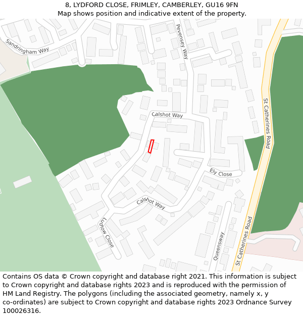 8, LYDFORD CLOSE, FRIMLEY, CAMBERLEY, GU16 9FN: Location map and indicative extent of plot