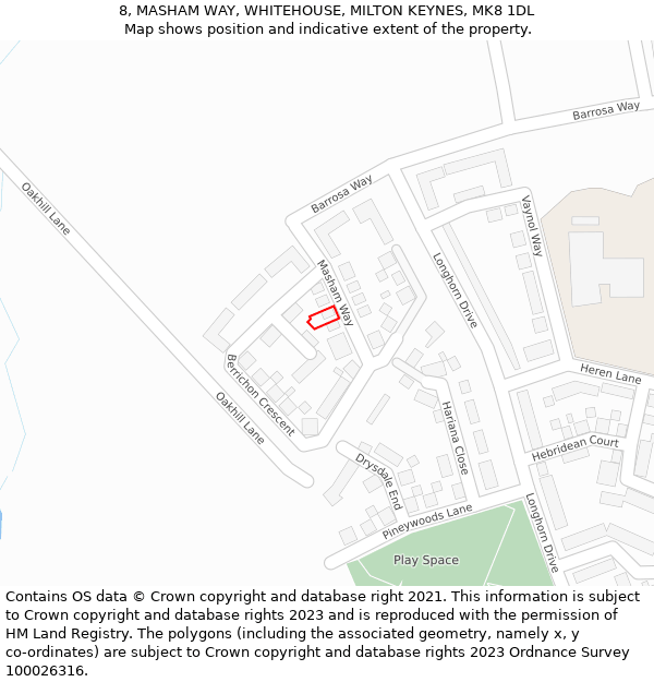 8, MASHAM WAY, WHITEHOUSE, MILTON KEYNES, MK8 1DL: Location map and indicative extent of plot