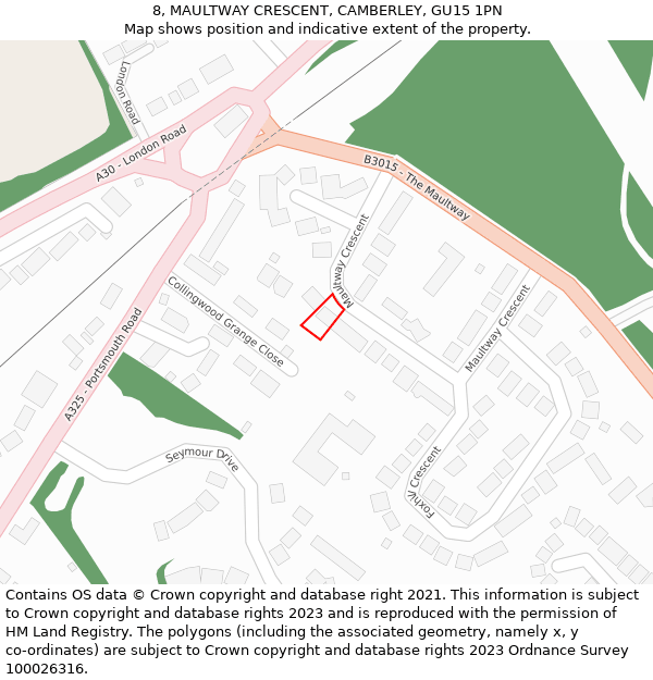 8, MAULTWAY CRESCENT, CAMBERLEY, GU15 1PN: Location map and indicative extent of plot