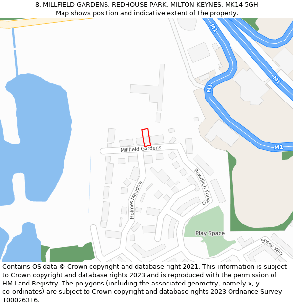 8, MILLFIELD GARDENS, REDHOUSE PARK, MILTON KEYNES, MK14 5GH: Location map and indicative extent of plot