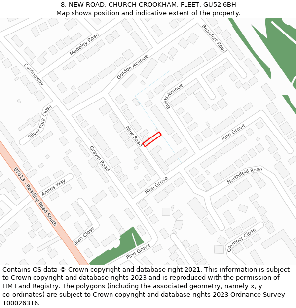 8, NEW ROAD, CHURCH CROOKHAM, FLEET, GU52 6BH: Location map and indicative extent of plot