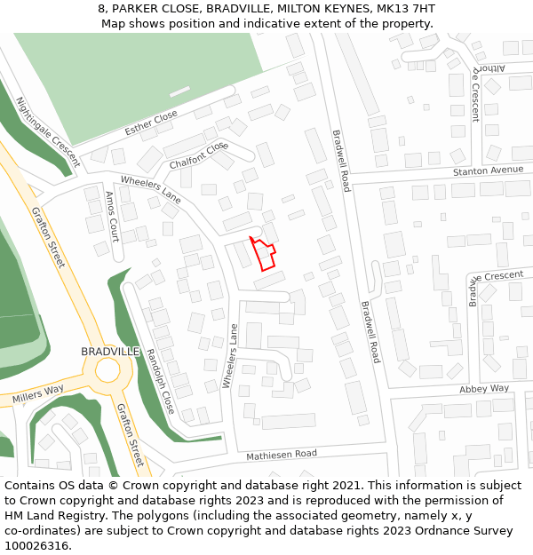 8, PARKER CLOSE, BRADVILLE, MILTON KEYNES, MK13 7HT: Location map and indicative extent of plot