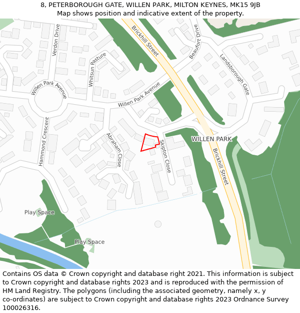 8, PETERBOROUGH GATE, WILLEN PARK, MILTON KEYNES, MK15 9JB: Location map and indicative extent of plot