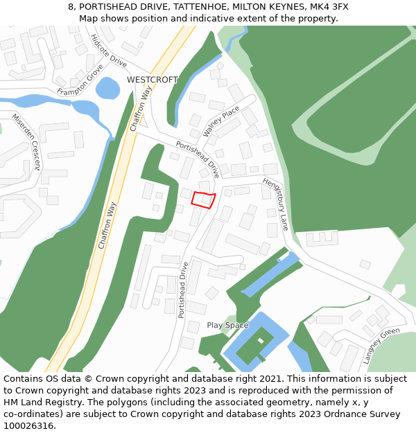 8, PORTISHEAD DRIVE, TATTENHOE, MILTON KEYNES, MK4 3FX: Location map and indicative extent of plot