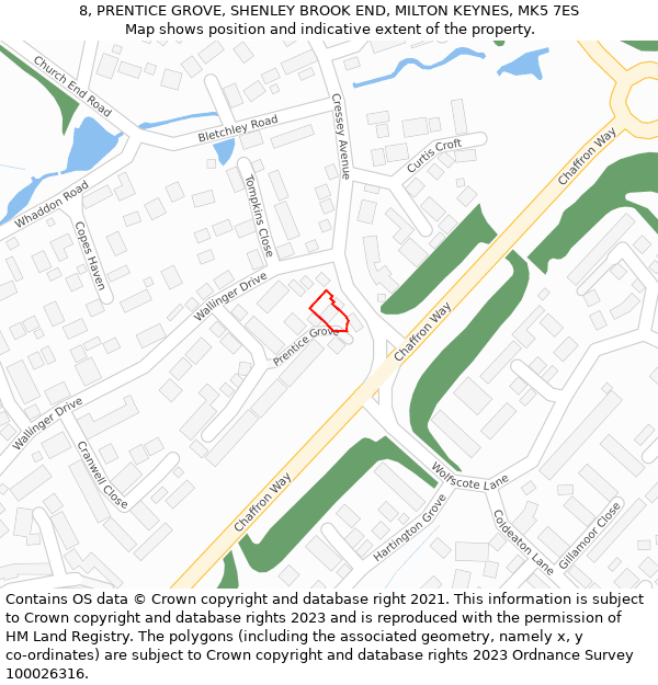 8, PRENTICE GROVE, SHENLEY BROOK END, MILTON KEYNES, MK5 7ES: Location map and indicative extent of plot