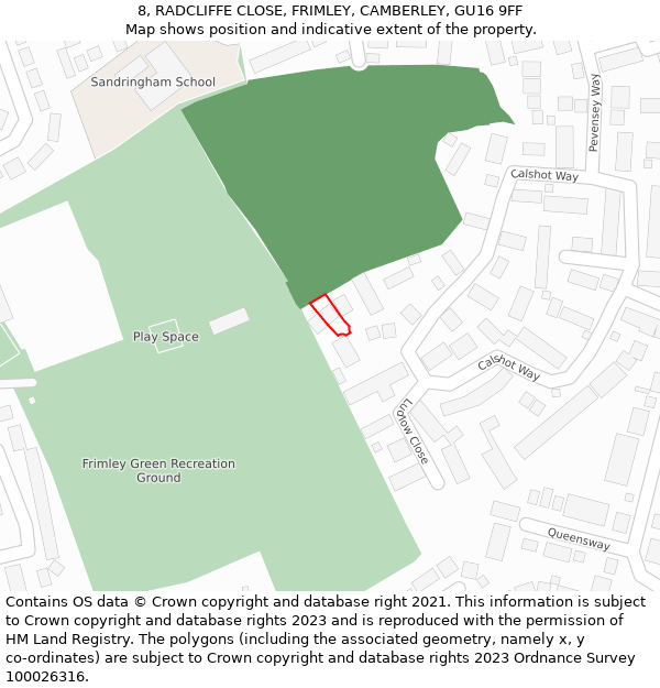 8, RADCLIFFE CLOSE, FRIMLEY, CAMBERLEY, GU16 9FF: Location map and indicative extent of plot