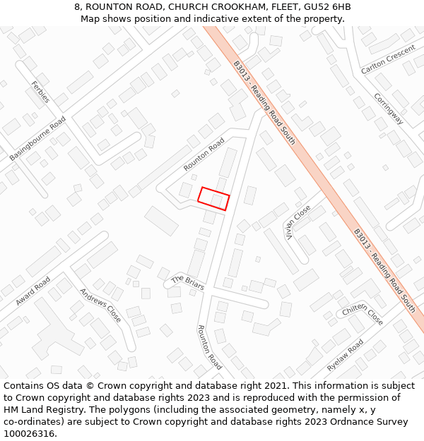 8, ROUNTON ROAD, CHURCH CROOKHAM, FLEET, GU52 6HB: Location map and indicative extent of plot