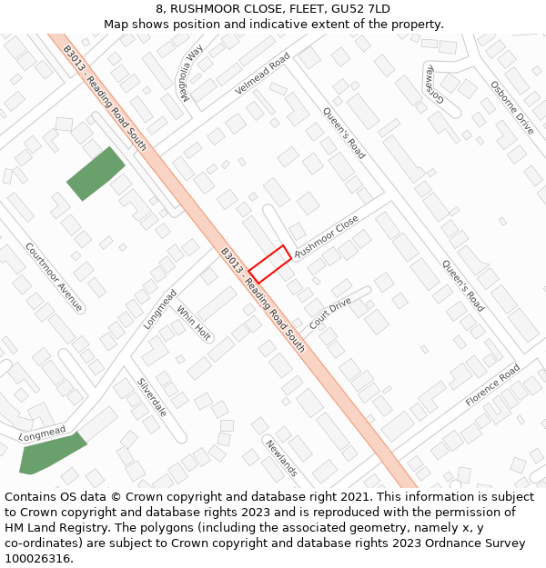 8, RUSHMOOR CLOSE, FLEET, GU52 7LD: Location map and indicative extent of plot