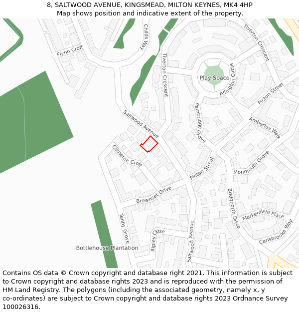 8, SALTWOOD AVENUE, KINGSMEAD, MILTON KEYNES, MK4 4HP: Location map and indicative extent of plot