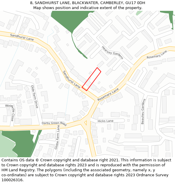 8, SANDHURST LANE, BLACKWATER, CAMBERLEY, GU17 0DH: Location map and indicative extent of plot