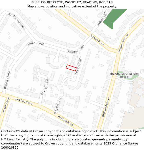 8, SELCOURT CLOSE, WOODLEY, READING, RG5 3AS: Location map and indicative extent of plot