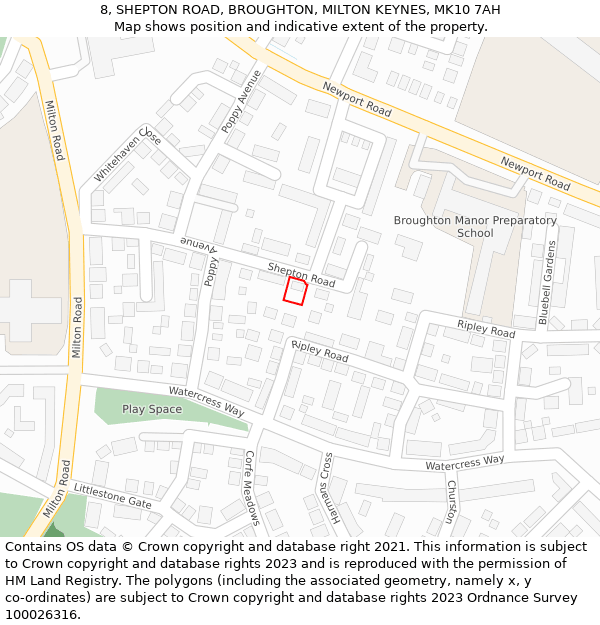 8, SHEPTON ROAD, BROUGHTON, MILTON KEYNES, MK10 7AH: Location map and indicative extent of plot