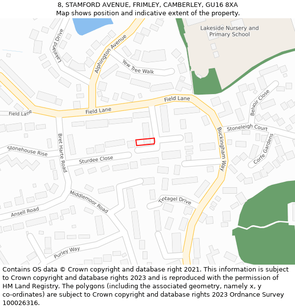 8, STAMFORD AVENUE, FRIMLEY, CAMBERLEY, GU16 8XA: Location map and indicative extent of plot