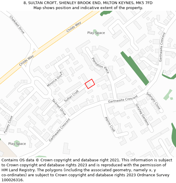 8, SULTAN CROFT, SHENLEY BROOK END, MILTON KEYNES, MK5 7FD: Location map and indicative extent of plot