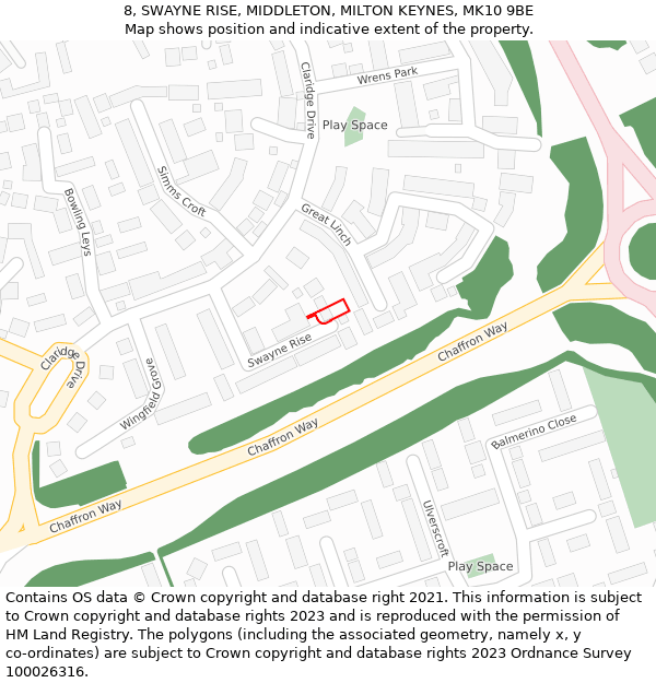 8, SWAYNE RISE, MIDDLETON, MILTON KEYNES, MK10 9BE: Location map and indicative extent of plot