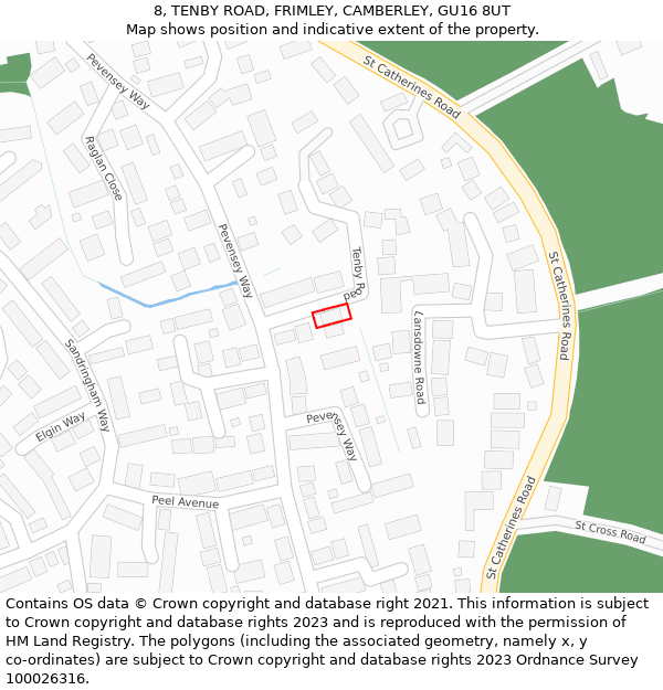 8, TENBY ROAD, FRIMLEY, CAMBERLEY, GU16 8UT: Location map and indicative extent of plot