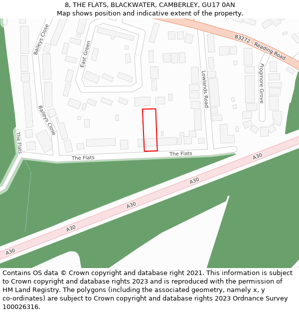 8, THE FLATS, BLACKWATER, CAMBERLEY, GU17 0AN: Location map and indicative extent of plot