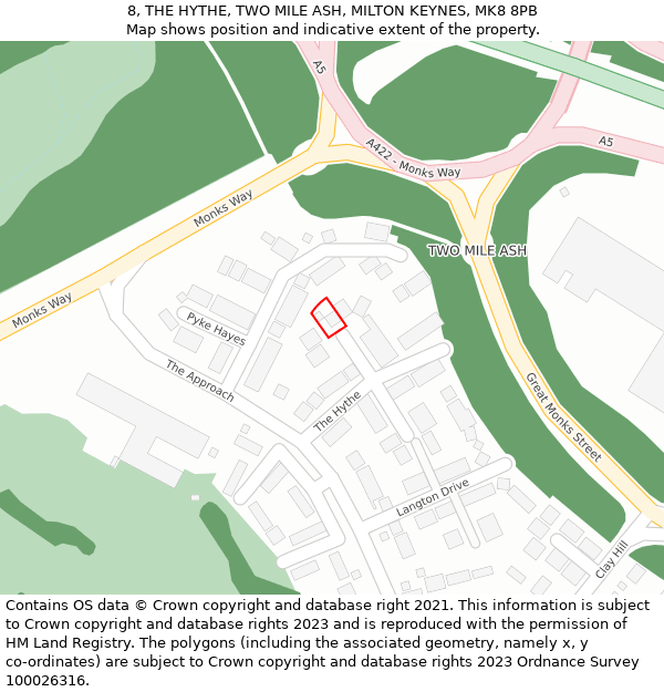 8, THE HYTHE, TWO MILE ASH, MILTON KEYNES, MK8 8PB: Location map and indicative extent of plot
