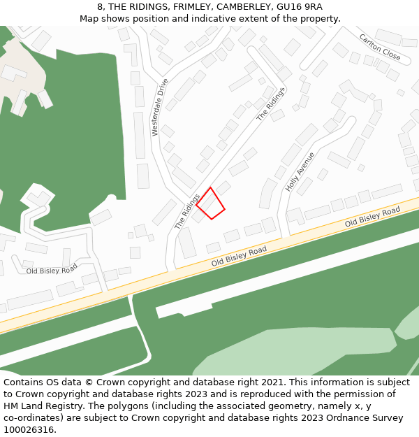 8, THE RIDINGS, FRIMLEY, CAMBERLEY, GU16 9RA: Location map and indicative extent of plot