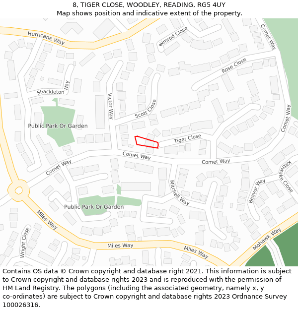 8, TIGER CLOSE, WOODLEY, READING, RG5 4UY: Location map and indicative extent of plot