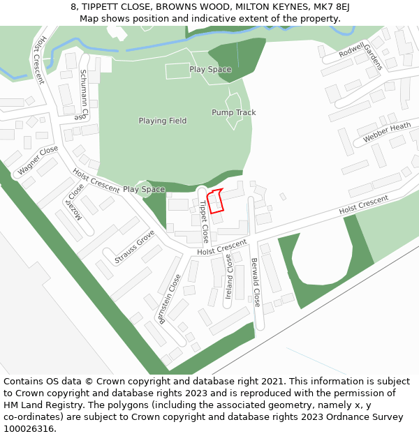 8, TIPPETT CLOSE, BROWNS WOOD, MILTON KEYNES, MK7 8EJ: Location map and indicative extent of plot