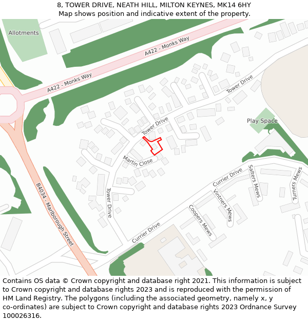 8, TOWER DRIVE, NEATH HILL, MILTON KEYNES, MK14 6HY: Location map and indicative extent of plot