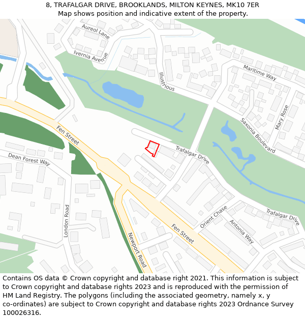 8, TRAFALGAR DRIVE, BROOKLANDS, MILTON KEYNES, MK10 7ER: Location map and indicative extent of plot