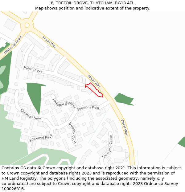 8, TREFOIL DROVE, THATCHAM, RG18 4EL: Location map and indicative extent of plot