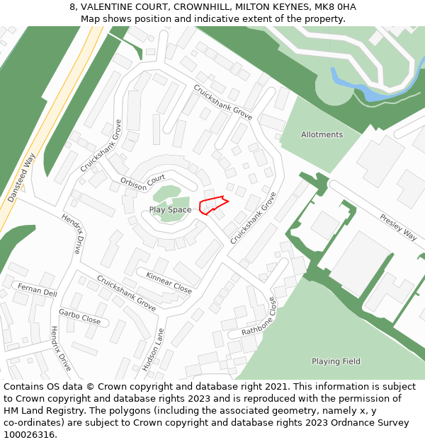 8, VALENTINE COURT, CROWNHILL, MILTON KEYNES, MK8 0HA: Location map and indicative extent of plot